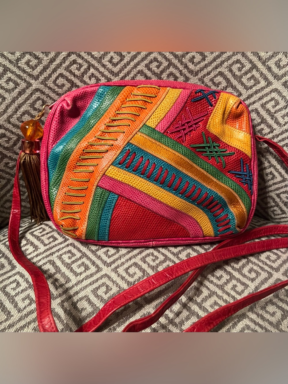 Vtg SHARIF Multicolor Genuine Leather Patchwork Crossbody bag. Made in USA 8.5x
